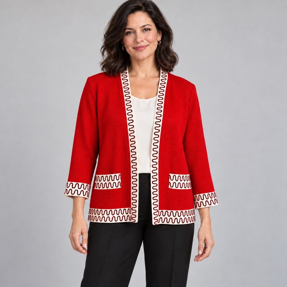 Misook Red Knit Open Front Jacket Rickrack Trim Pockets Women Size L